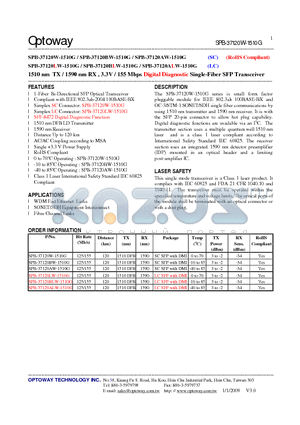 SPB-37120AW-1510G datasheet - 1510 nm TX / 1590 nm RX , 3.3V / 155 Mbps Digital Diagnostic Single-Fiber SFP Transceiver