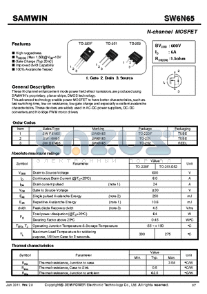 SW6N65 datasheet - N-channel MOSFET