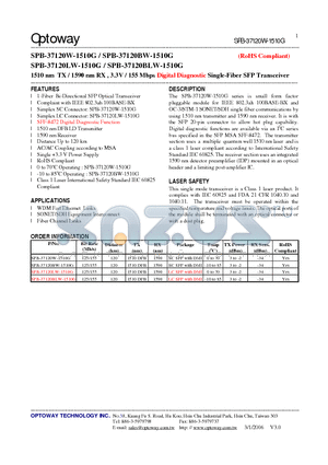 SPB-37120LW-1510G datasheet - 1510 nm TX / 1590 nm RX , 3.3V / 155 Mbps Digital Diagnostic Single-Fiber SFP Transceiver