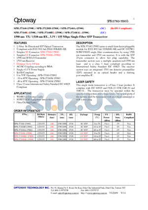 SPB-37160A-1590G datasheet - 1590 nm TX / 1510 nm RX , 3.3V / 155 Mbps Single-Fiber SFP Transceiver