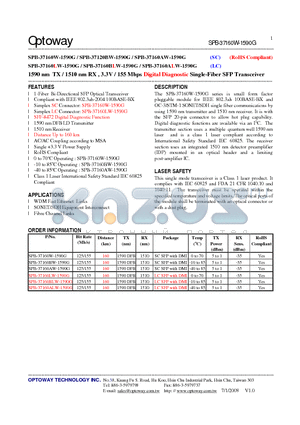 SPB-37160BW-1590G datasheet - 1590 nm TX / 1510 nm RX , 3.3V / 155 Mbps Digital Diagnostic Single-Fiber SFP Transceiver