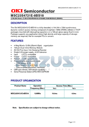 MSC23S4721E datasheet - 4,194,304 Word x 72 Bit SYNCHRONOUS DYNAMIC RAM MODULE (2BANK):