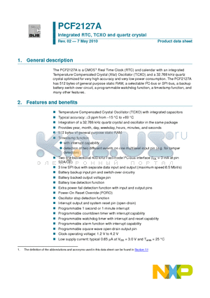 PCF2127AT/1 datasheet - Integrated RTC, TCXO and quartz crystal