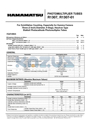 R1307-01 datasheet - PHOTOMULTIPLIER TUBES