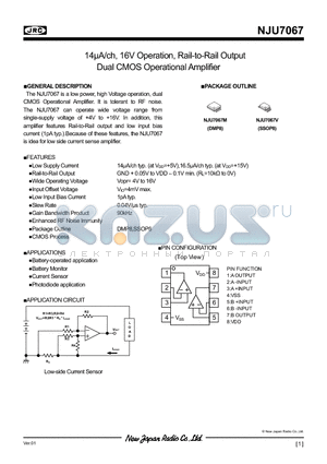 NJU7067V datasheet - 14lA/ch, 16V Operation, Rail-to-Rail Output Dual CMOS Operational Amplifier
