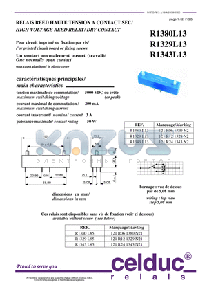 R1329L85 datasheet - HIGH VOLTAGE REED RELAY/ DRY CONTACT