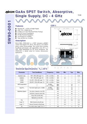 SW90-0001 datasheet - GaAs SPST Switch, Absorptive, Single Supply, DC - 4 GHz