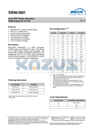 SW90-0001 datasheet - GaAs SPST Switch, Absorptive, Single Supply, DC-4.0 GHz