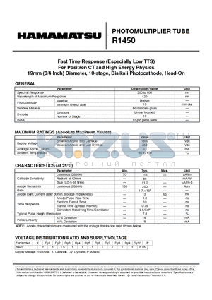 R1450 datasheet - PHOTOMULTIPLIER TUBE