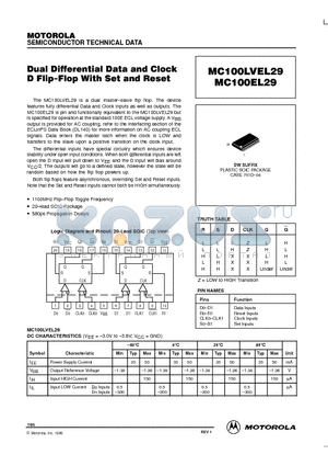 MC100LVEL29 datasheet - Dual Differential Data and Clock D Flip-Flop With Set and Reset