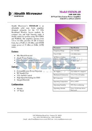 SM3436-40 datasheet - 3400-3600 MHz 10 Watt Ultra Linear Power Amplifier