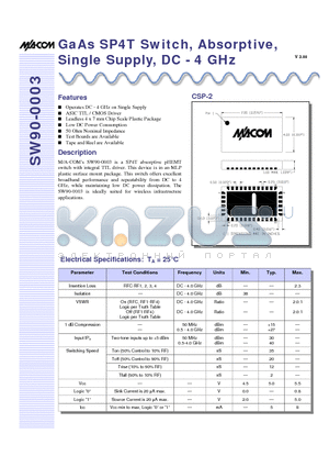 SW90-0003-TB datasheet - GaAs SP4T Switch, Absorptive, Single Supply, DC - 4 GHz