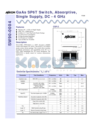 SW90-0004 datasheet - GaAs SP6T Switch, Absorptive, Single Supply, DC - 4 GHz