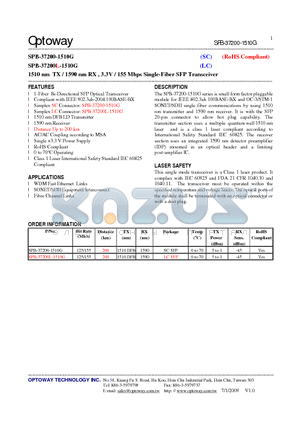 SPB-37200L-1510G datasheet - 1510 nm TX / 1590 nm RX , 3.3V / 155 Mbps Single-Fiber SFP Transceiver