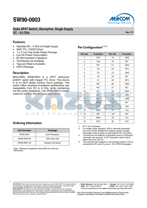 SW90-0003-TB datasheet - GaAs SP4T Switch, Absorptive, Single Supply DC - 4.0 GHz