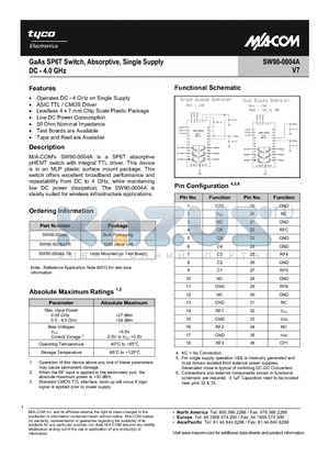 SW90-0004A datasheet - GaAs SP6T Switch, Absorptive, Single Supply DC - 4.0 GHz