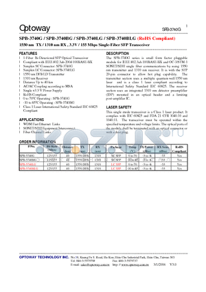 SPB-3740BG datasheet - 1550 nm TX / 1310 nm RX , 3.3V / 155 Mbps Single-Fiber SFP Transceiver