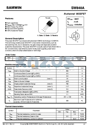 SW840A datasheet - N-channel MOSFET