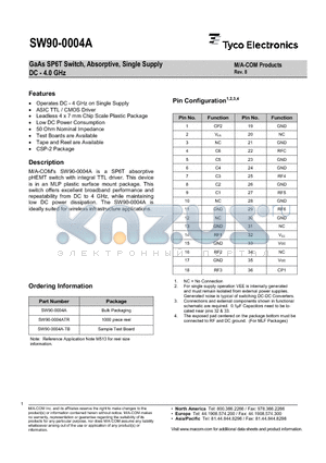 SW90-0004A-TB datasheet - GaAs SP6T Switch, Absorptive, Single Supply