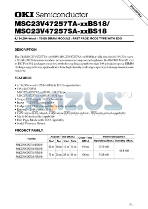 MSC23V47257TA-XXBS18 datasheet - 4,194,304-Word d 72-Bit DRAM MODULE : FAST PAGE MODE TYPE WITH EDO