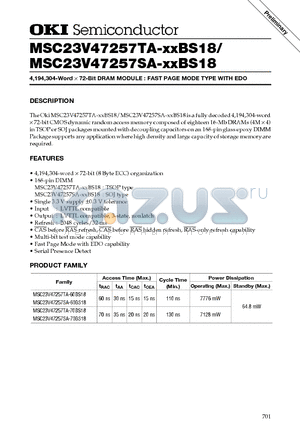 MSC23V47257TA datasheet - 4,194,304-Word d 72-Bit DRAM MODULE : FAST PAGE MODE TYPE WITH EDO