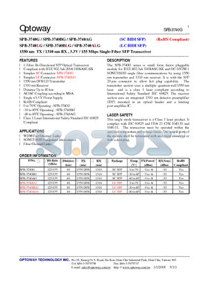 SPB-3740G datasheet - 1550 nm TX / 1310 nm RX , 3.3V / 155 Mbps Single-Fiber SFP Transceiver