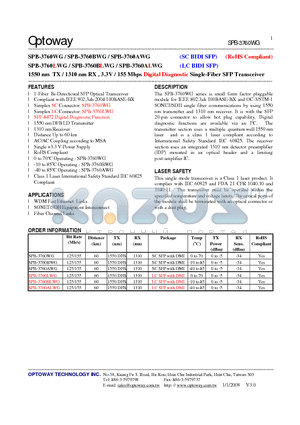 SPB-3760ALWG datasheet - 1550 nm TX / 1310 nm RX , 3.3V / 155 Mbps Digital Diagnostic Single-Fiber SFP Transceiver