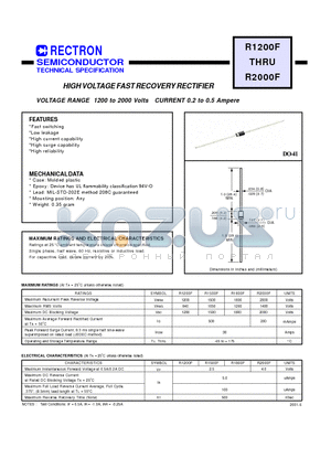 R1500F datasheet - HIGH VOLTAGE FAST RECOVERY RECTIFIER (VOLTAGE RANGE 1200 to 2000 Volts CURRENT 0.2 to 0.5 Ampere)