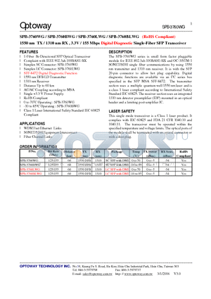 SPB-3760BLWG datasheet - 1550 nm TX / 1310 nm RX , 3.3V / 155 Mbps Digital Diagnostic Single-Fiber SFP Transceiver