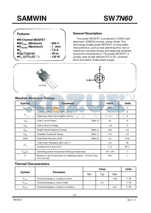 SW7N60 datasheet - N-Channel MOSFET