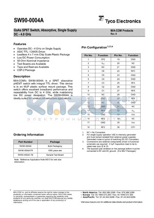 SW90-0004A_1 datasheet - GaAs SP6T Switch, Absorptive, Single Supply