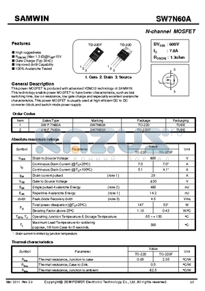 SW7N60A datasheet - N-channel MOSFET