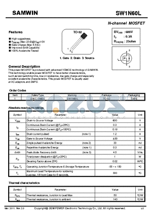 SWC1N60L datasheet - N-channel MOSFET