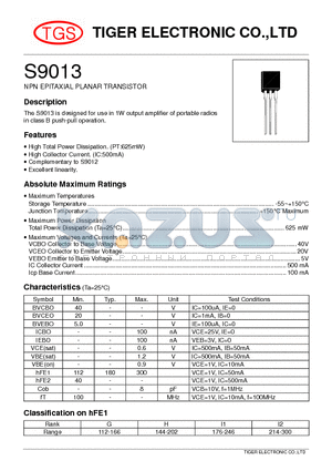 S9013 datasheet - NPN EPITAXIAL PLANAR TRANSISTOR