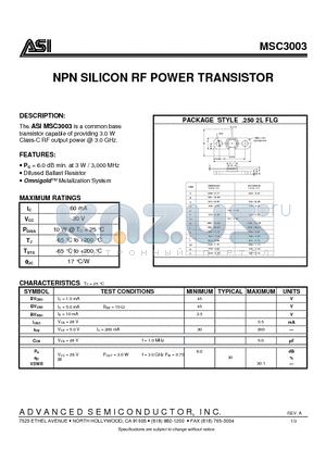 MSC3003 datasheet - NPN SILICON RF POWER TRANSISTOR