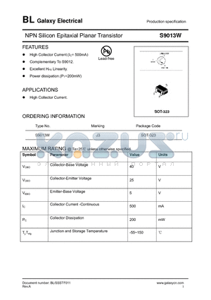 S9013W datasheet - NPN Silicon Epitaxial Planar Transistor