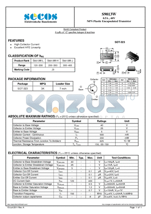 S9013W datasheet - 0.5A , 40V NPN Plastic Encapsulated Transistor