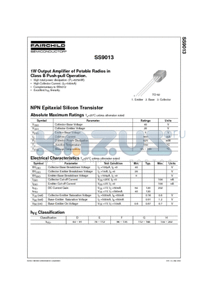 S9013 datasheet - 1W Output Amplifier of Potable Radios in Class B Push-pull Operation.