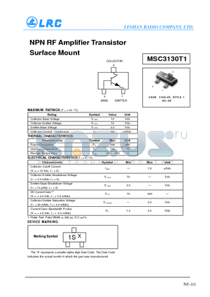 MSC3130T1 datasheet - NPN RF Amplifier Transistor Surface Mount