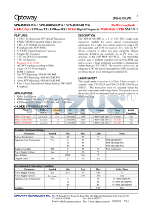 SPB-4810BRLWG datasheet - 6.144 Gbps / 1270 nm TX / 1330 nm RX / 10 km Digital DiagnosticMulti-Rate CPRI SMSFP