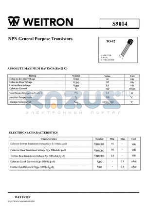 S9014 datasheet - NPN General Purpose Transistors
