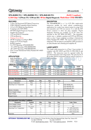 SPB-4840BRLWG datasheet - 6.144 Gbps / 1270 nm TX / 1330 nm RX / 40 km Digital DiagnosticMulti-Rate CPRI SMSFP