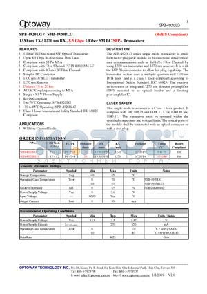 SPB-4920LG datasheet - 1330 nm TX / 1270 nm RX , 8.5 Gbps 1-Fiber SMLC SFP Transceiver