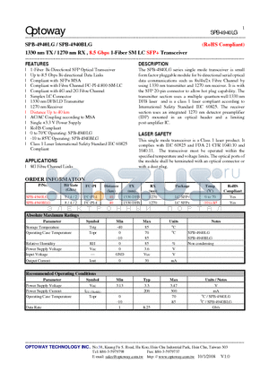 SPB-4940LG datasheet - 1330 nm TX / 1270 nm RX , 8.5 Gbps 1-Fiber SMLC SFP Transceiver