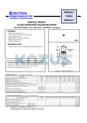 SM4001 datasheet - SURFACE MOUNT GLASS PASSIVATED SILICON RECTIFIER (VOLTAGE RANGE 50 to 1000 Volts CURRENT 1.0 Ampere)