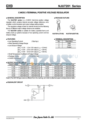 NJU7201U15 datasheet - C-MOS 3-TERMINAL POSITIVE VOLTAGE REGULATOR