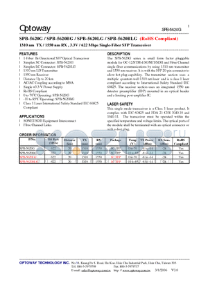 SPB-5620BG datasheet - 1310 nm TX / 1550 nm RX , 3.3V / 622 Mbps Single-Fiber SFP Transceiver