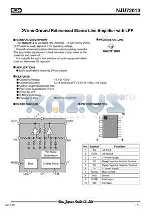 NJU72013 datasheet - 2Vrms Ground Referenced Stereo Line Amplifier with LPF