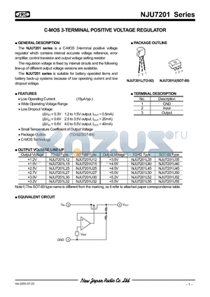 NJU7201U45 datasheet - C-MOS 3-TERMINAL POSITIVE VOLTAGE REGULATOR