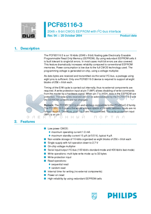 PCF85116-3P/01 datasheet - 2048 x 8-bit CMOS EEPROM with I2C-bus interface